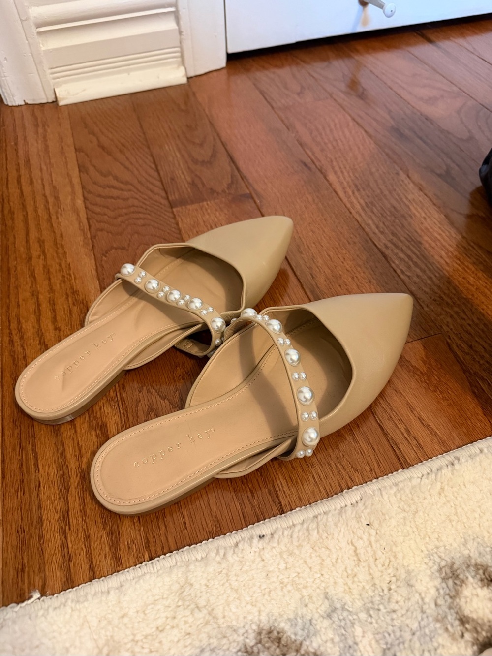 Copper Key Pearl-Trim Tan Pointed-Toe Mules